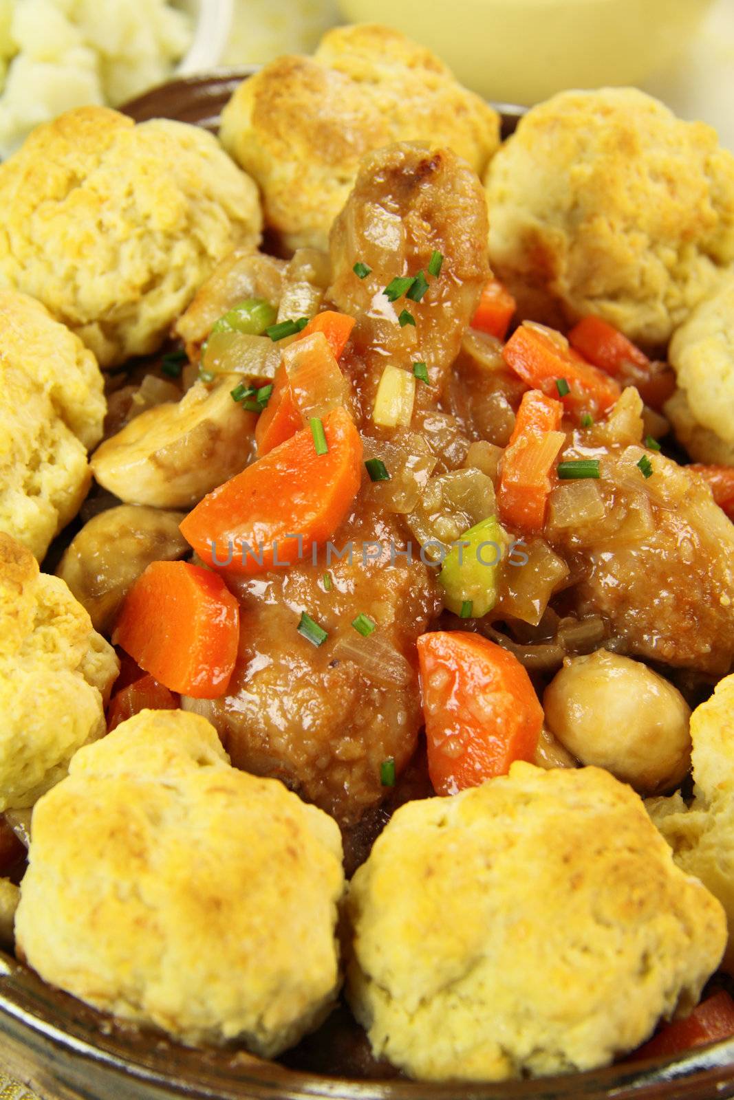 Delicious chicken and dumpling casserole with with a rich gravy.