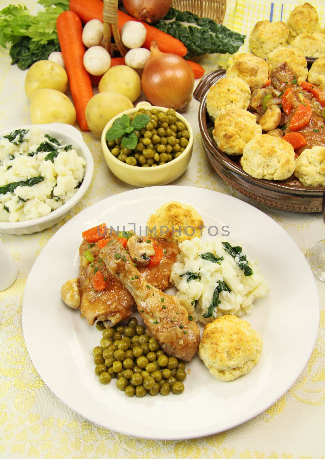 Delicious chicken and dumpling casserole with a selection of garden fresh vegetables.