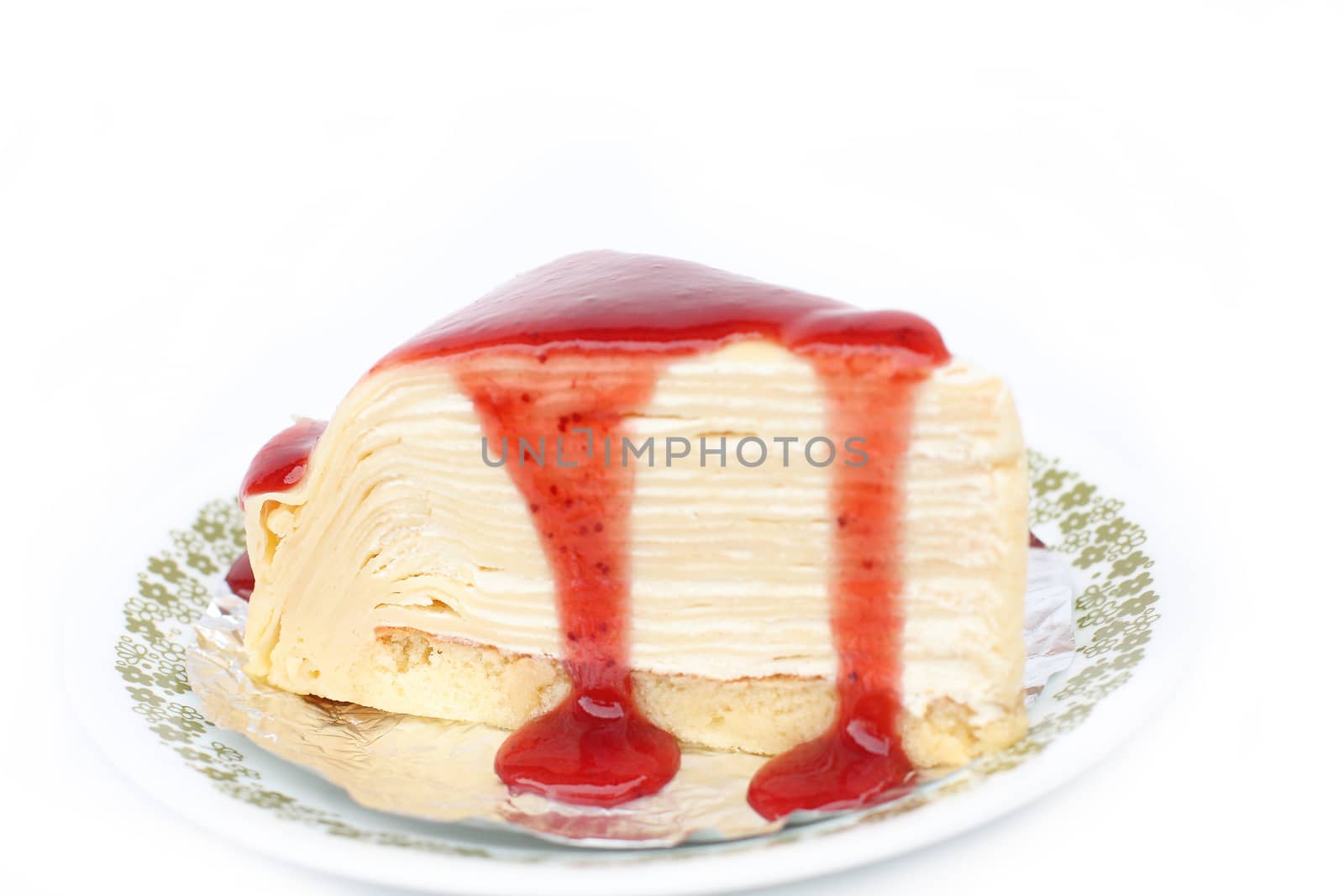 Strawberry cake on a white background.