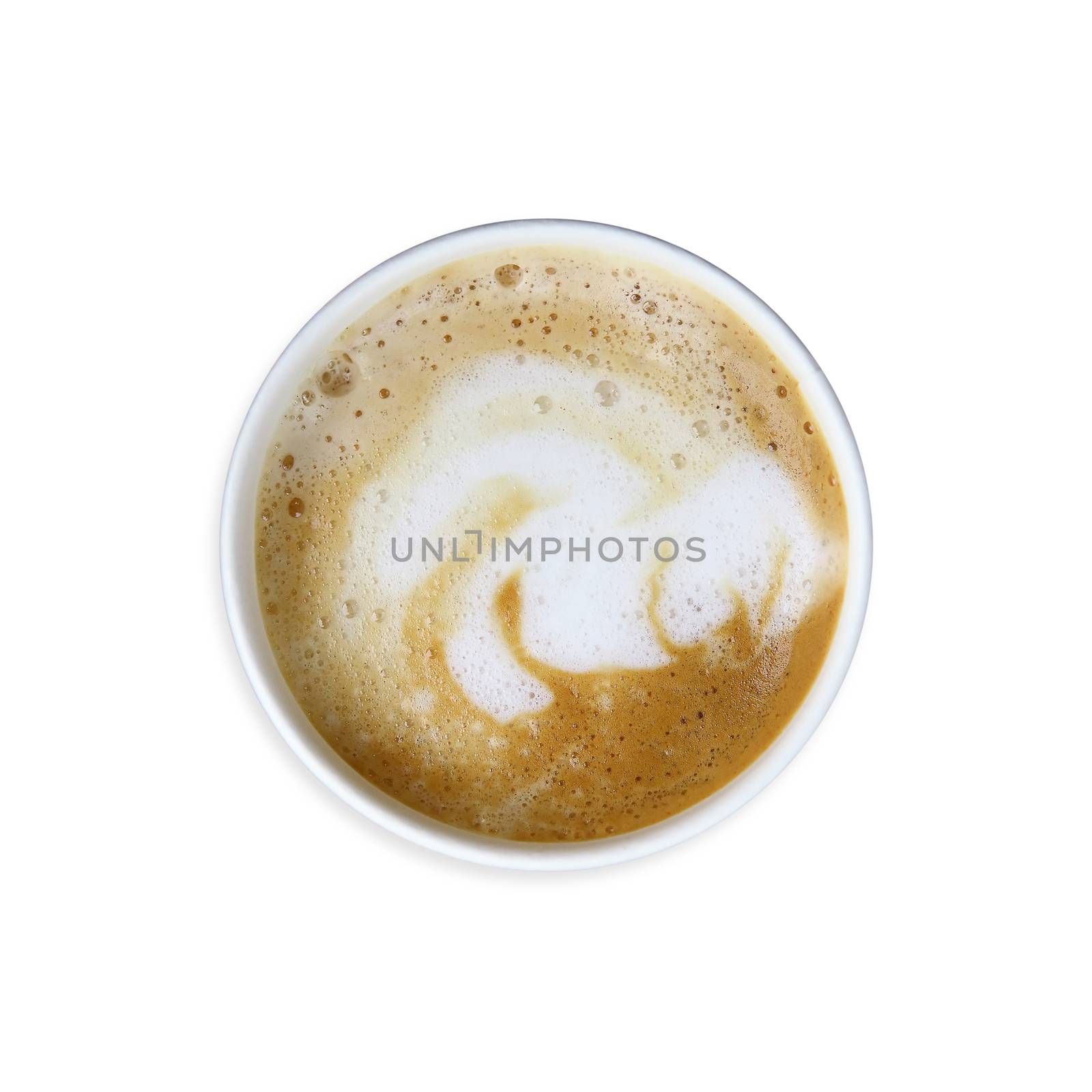 Cup of cappuccino on a white background top view 