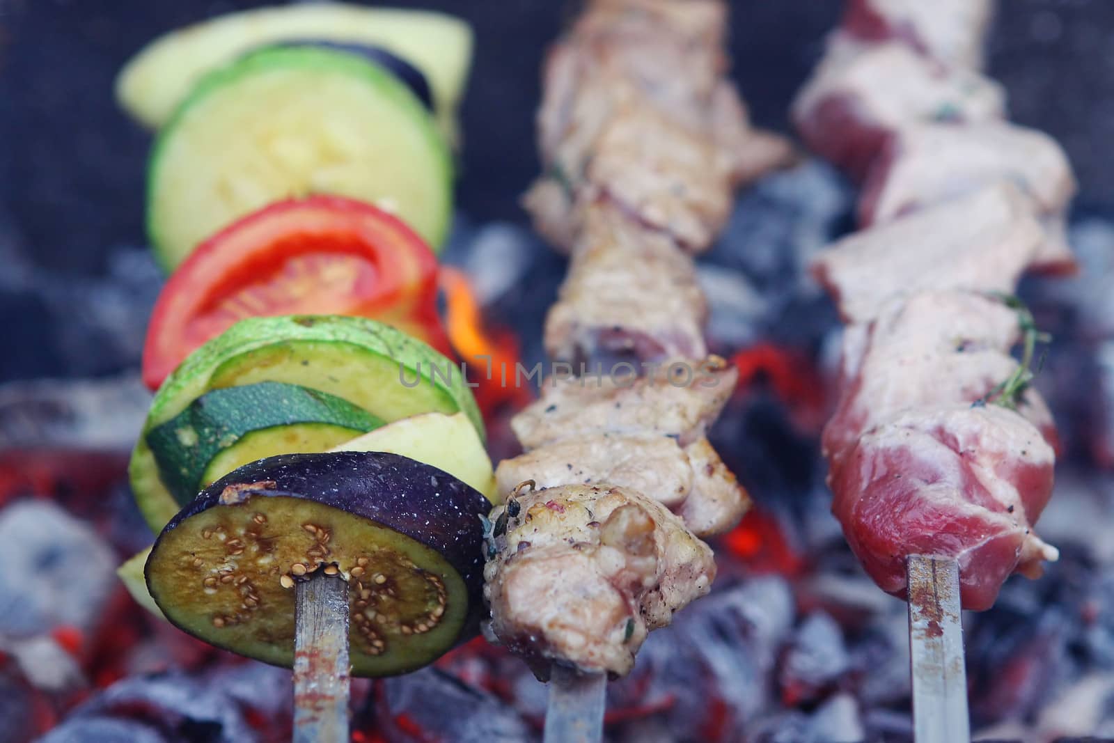 Skewers of meat and vegetables on a picnic by cococinema