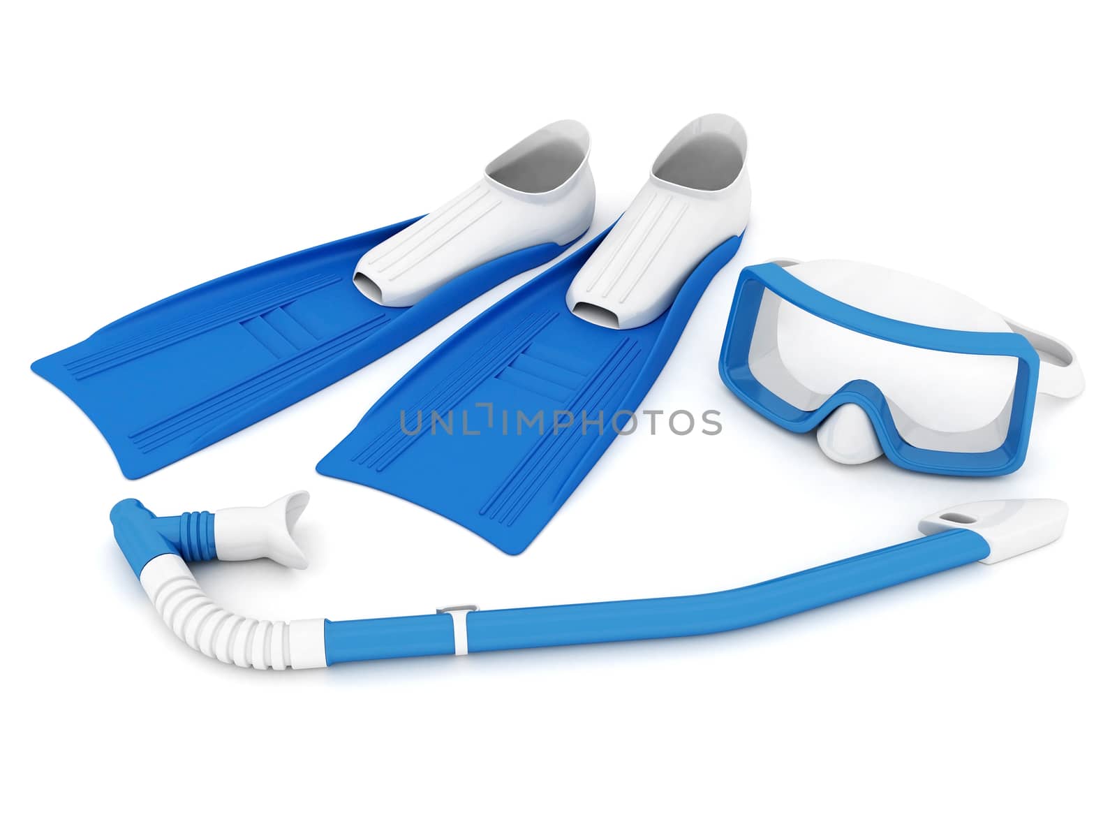 flippers, mask and snorkel on a white background