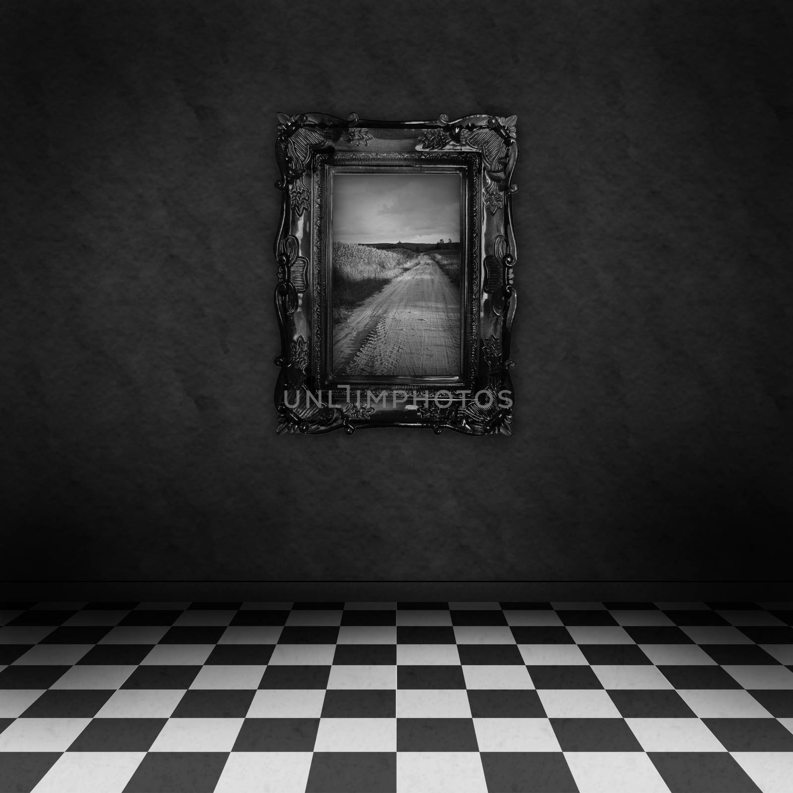 Empty, dark, psychedelic room with black and white checker on the floor and a painting symbolizing hope, on the dark wall