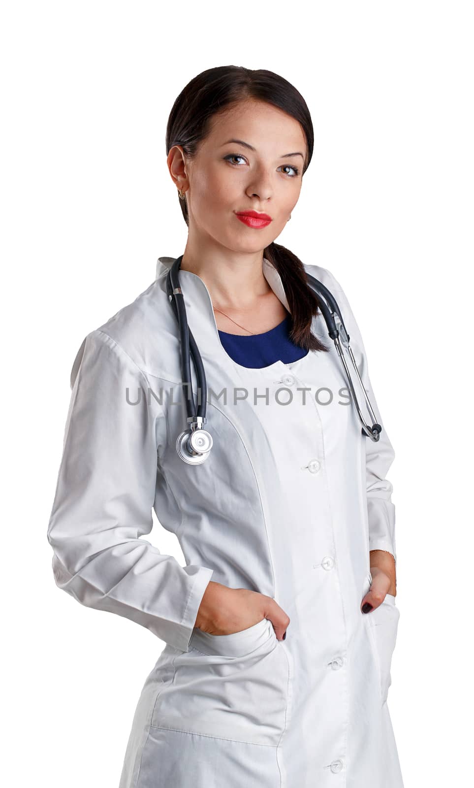 Woman doctor in a white coat with a stethoscope