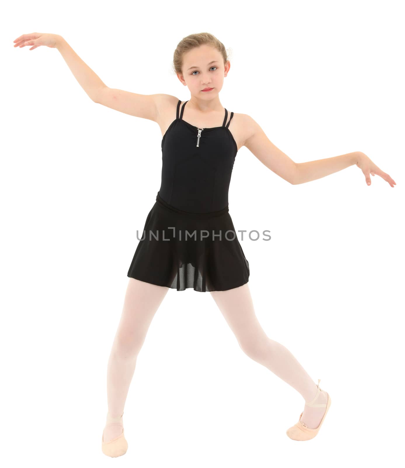 Spastic little dancer girl dancing poorly over white with clipping path.
