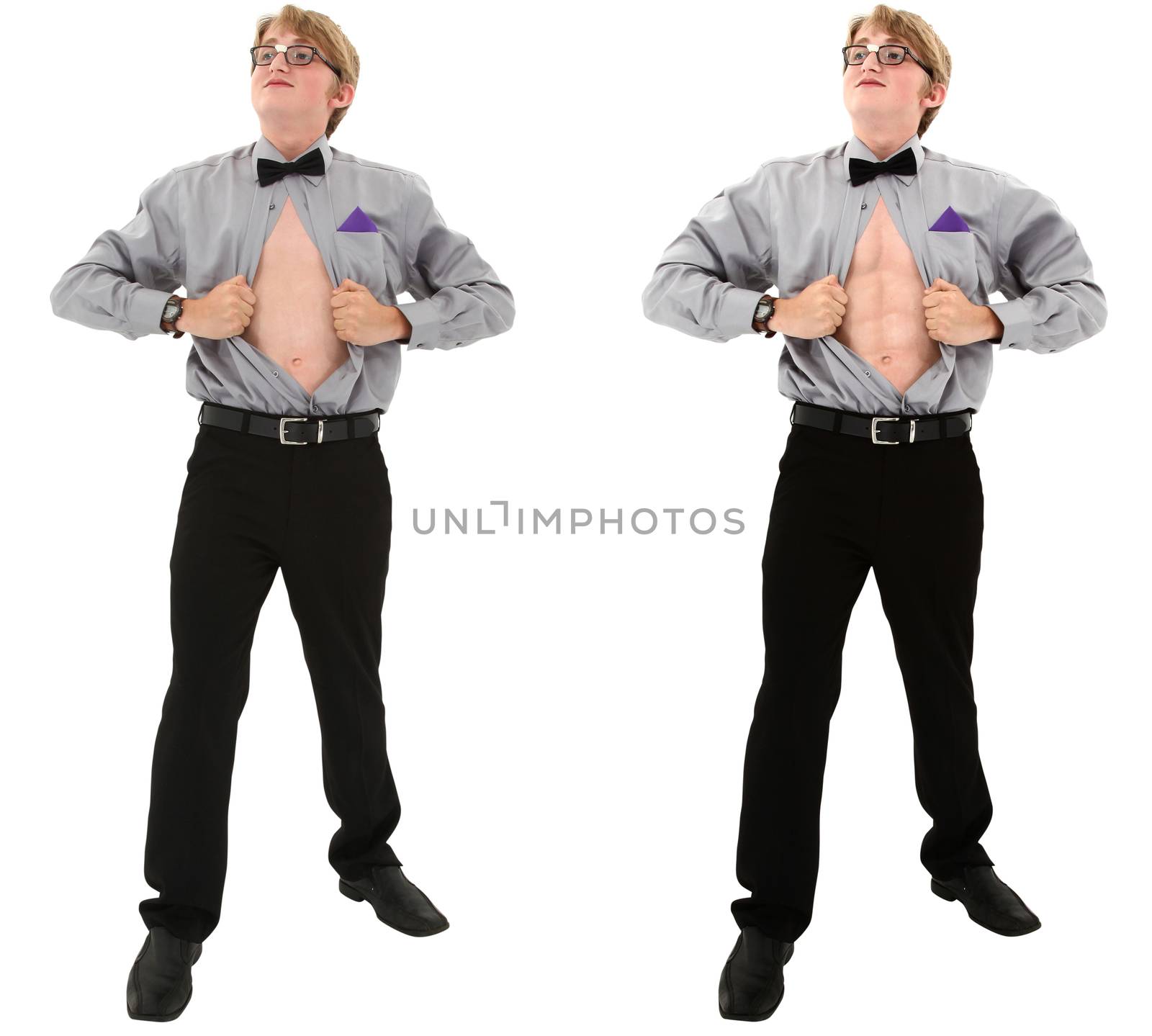 Geeky teen boy before and after six-pack ab photo over white. by duplass