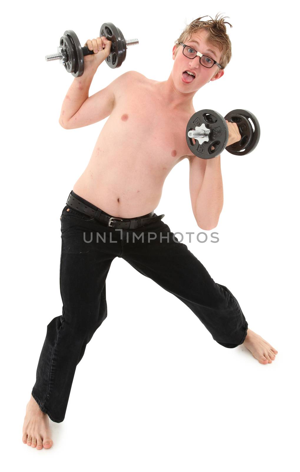Humorous weightlifting workout images with adorable teen boy. Clipping path over white. 