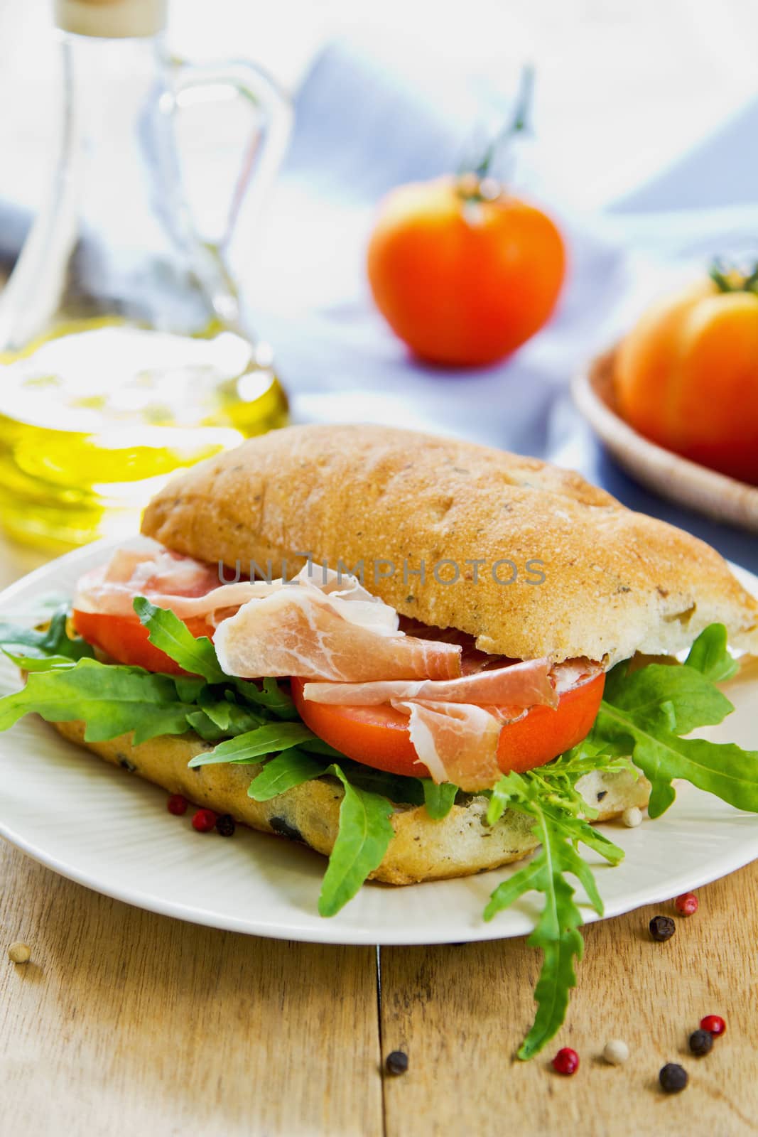 Prosciutto on Olive Ciabatta with Rocket sandwich