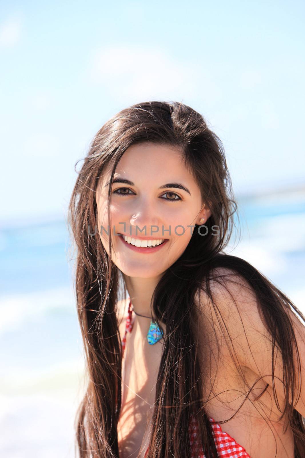 Portrait of a beautiful woman with long brunette hair and a lovely friendly smile at the beach