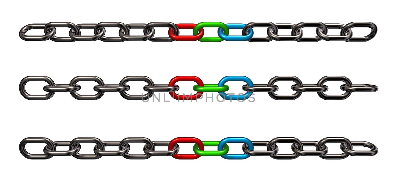 rgb metal chain on white background - 3d illustration