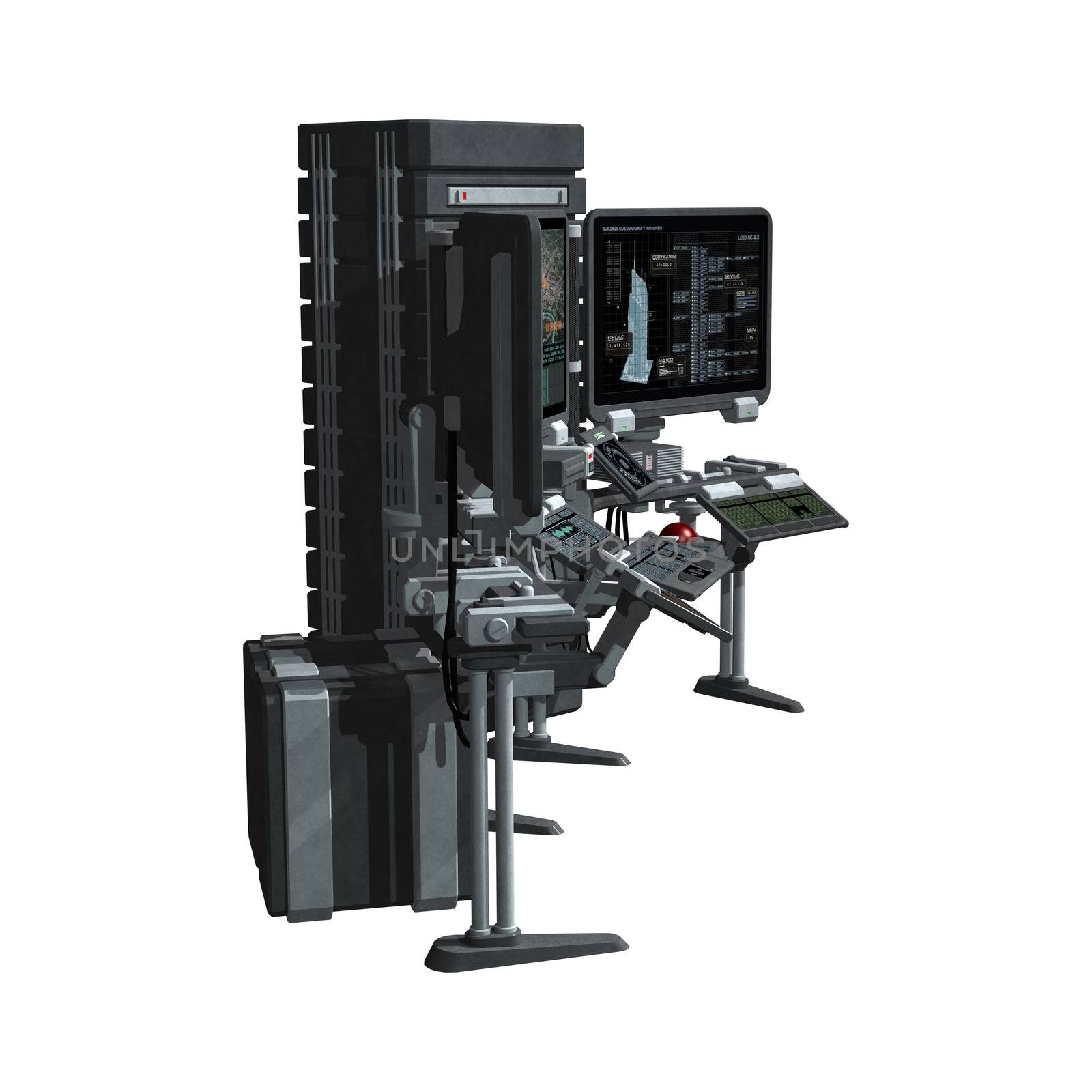 3D digital render of a sci-fi computer station isolated on white background