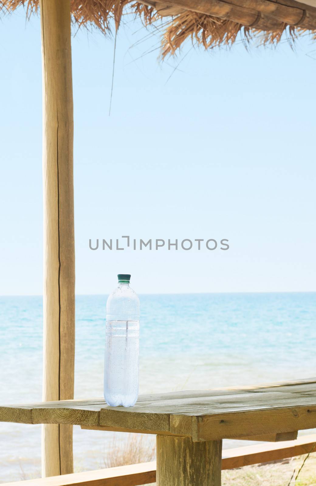 plastic water bottle on the background of the sea