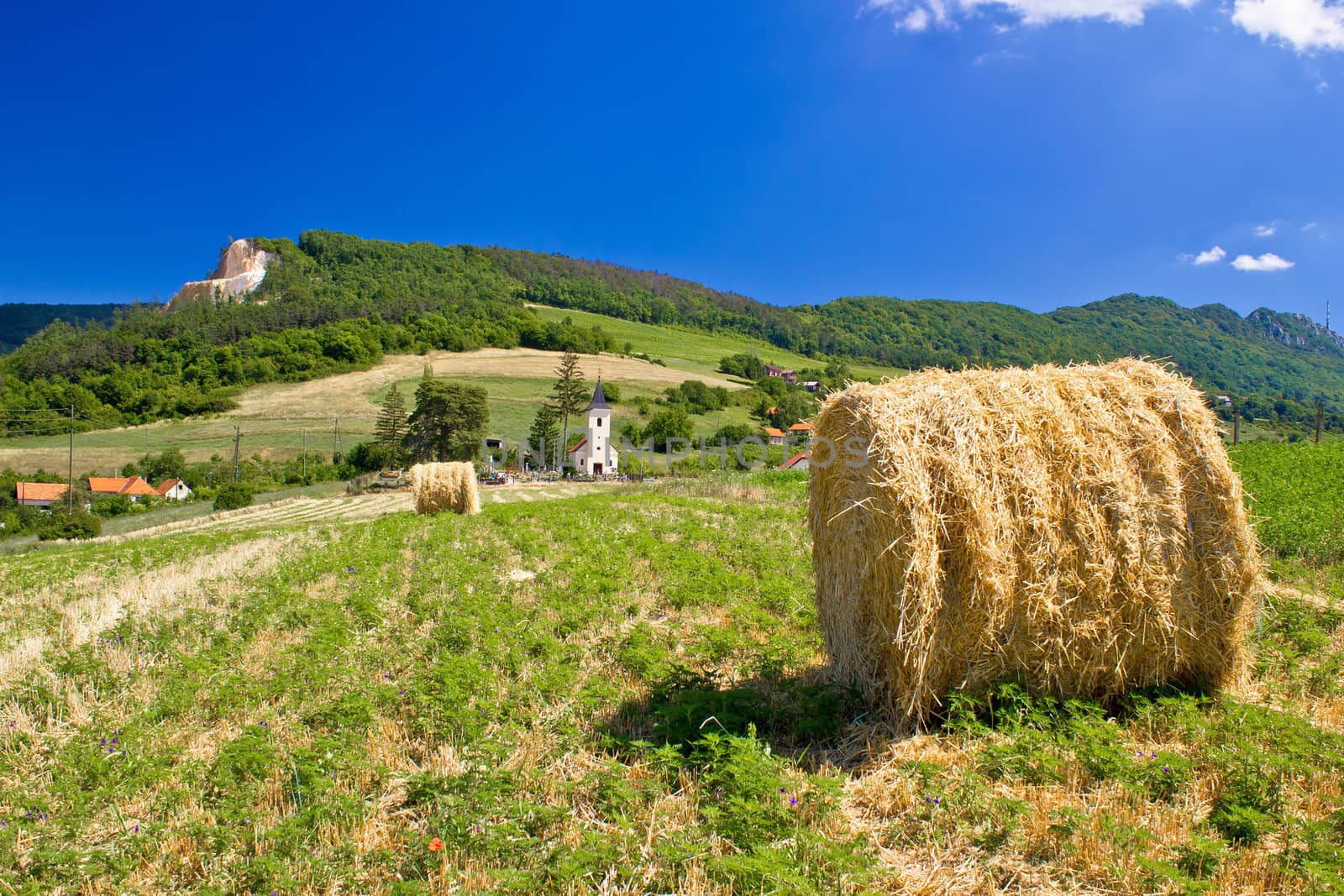 Green landscape, field and church, Kalnik mountain, Croatia