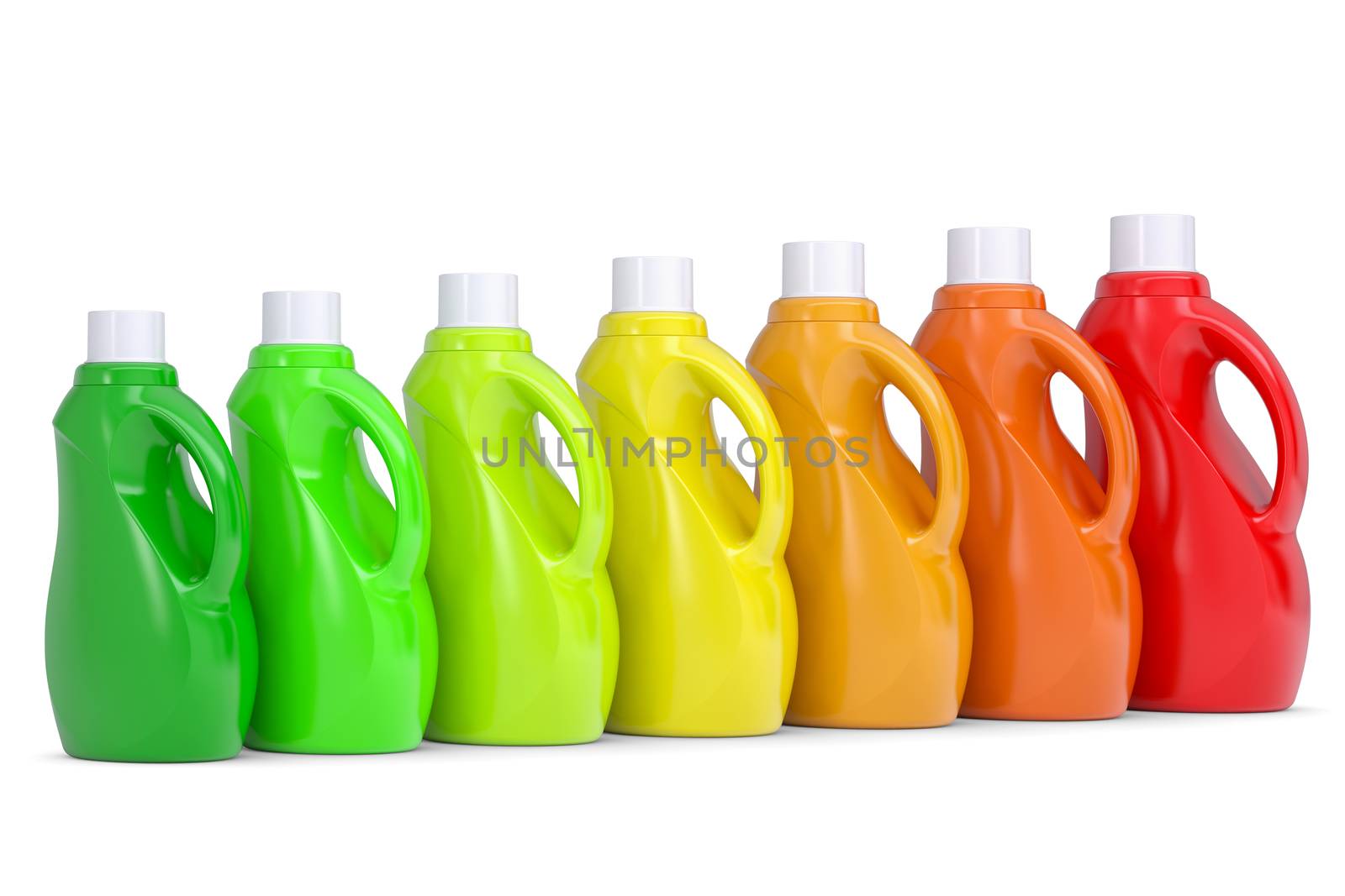 Series plastic bottles of household chemicals. 3d render isolated on white background