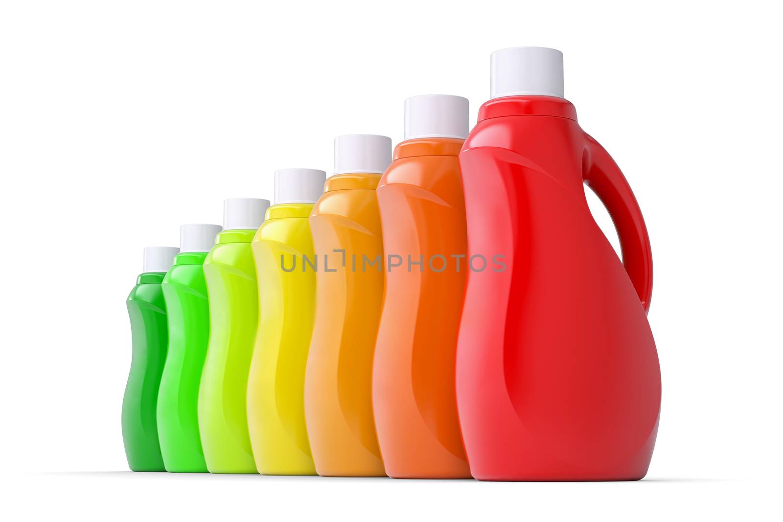 Series plastic bottles of household chemicals. 3d render isolated on white background