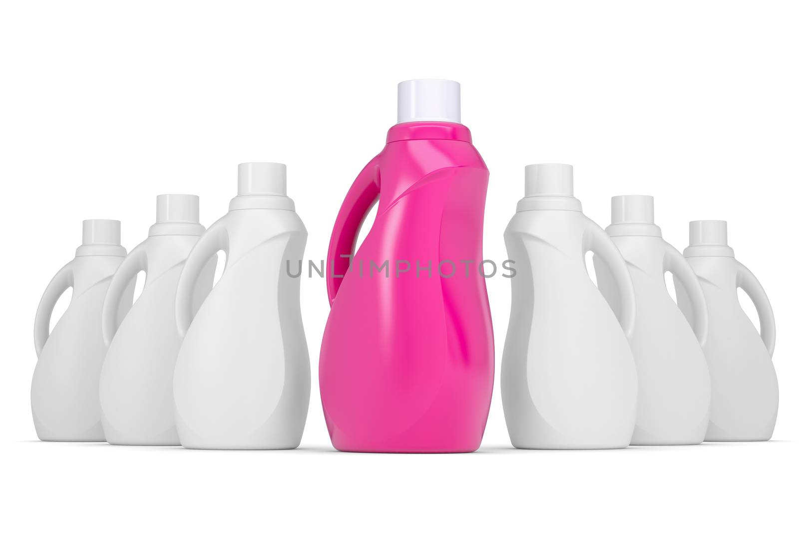 Series plastic bottles of household chemicals. 3d render isolated on white background