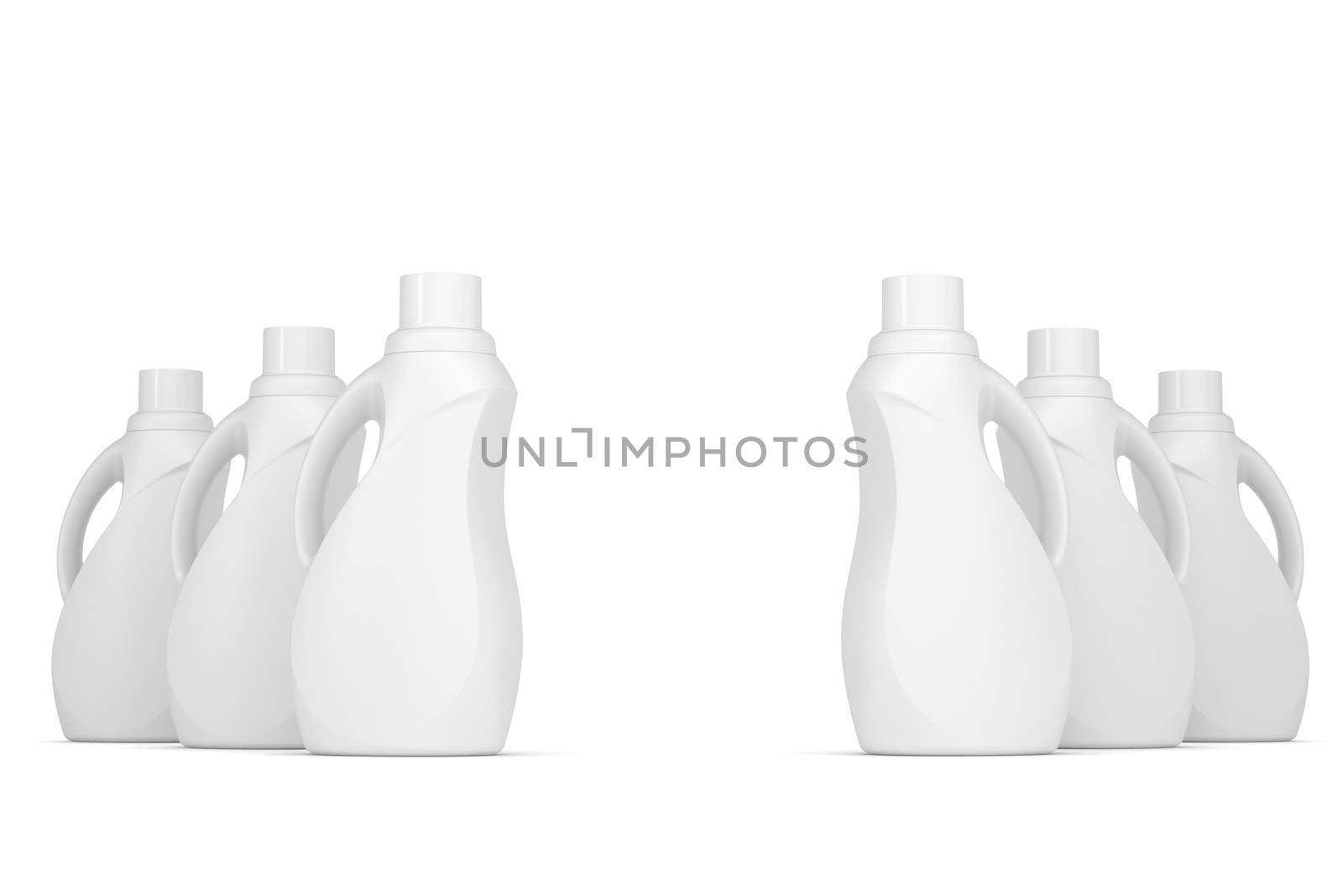 Series plastic bottles of household chemicals. 3d render isolated on white background