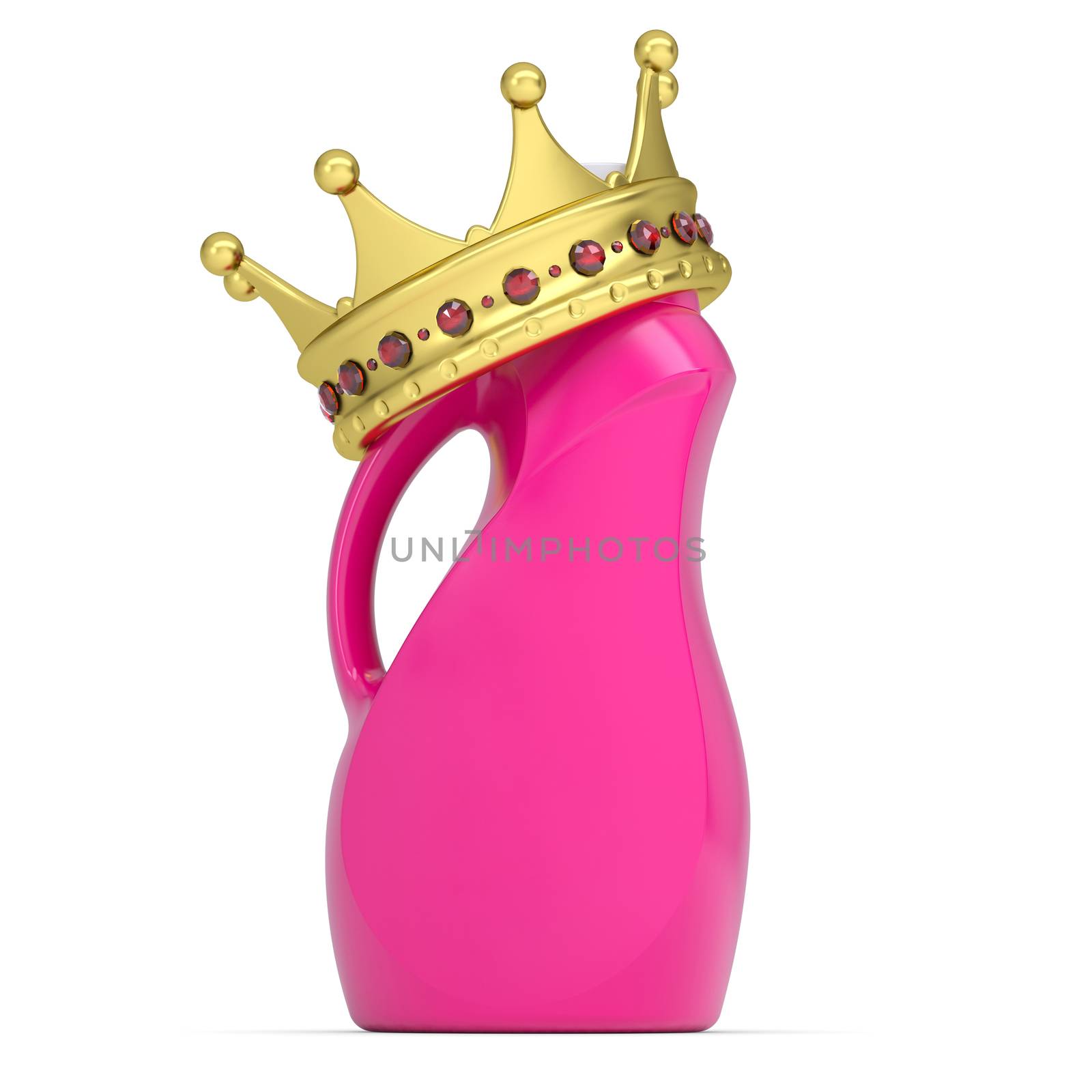 Crown on a plastic bottle of household chemicals. 3d render isolated on white background