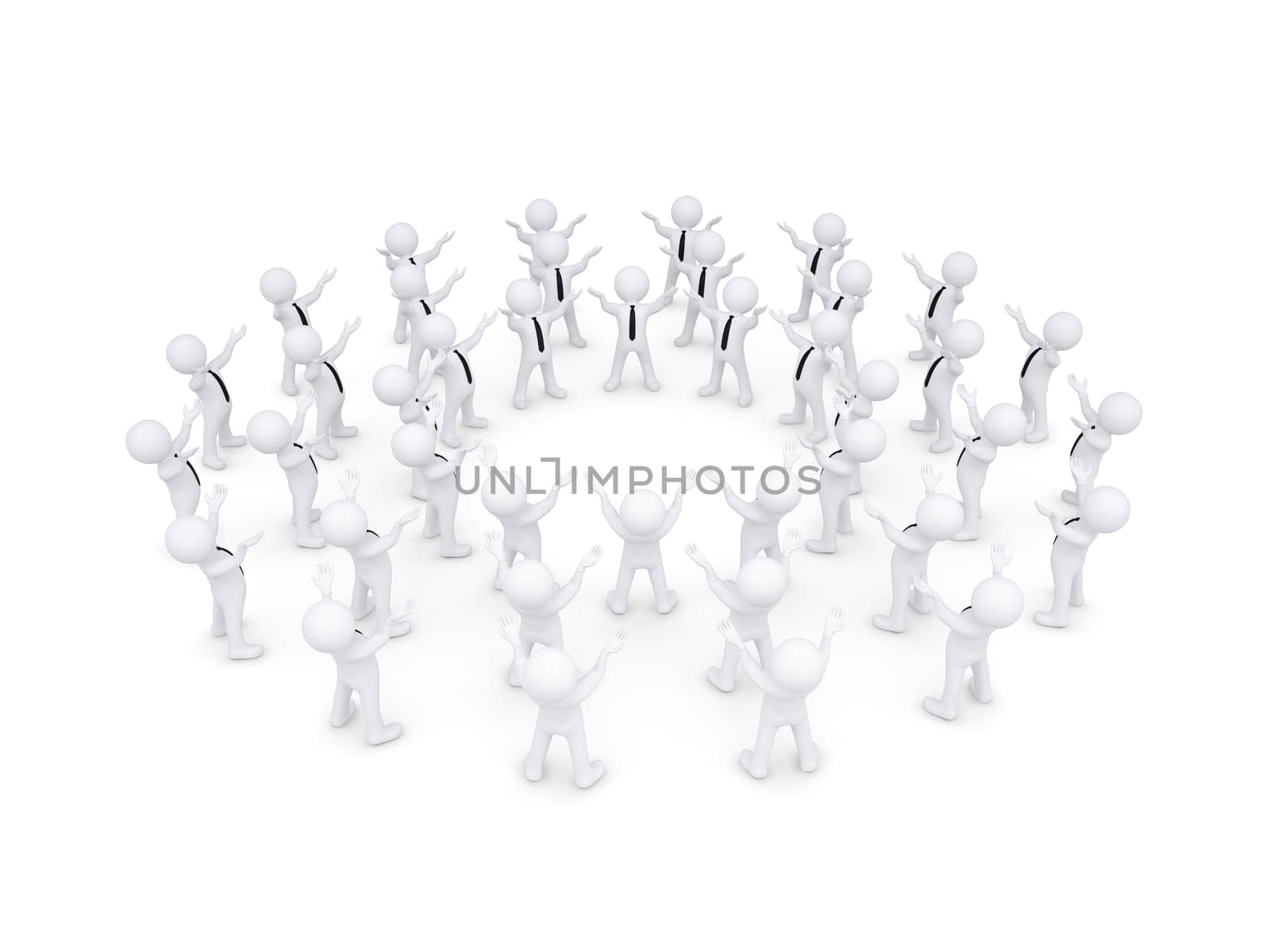 Group of white people raised their hands. 3d render isolated on white background