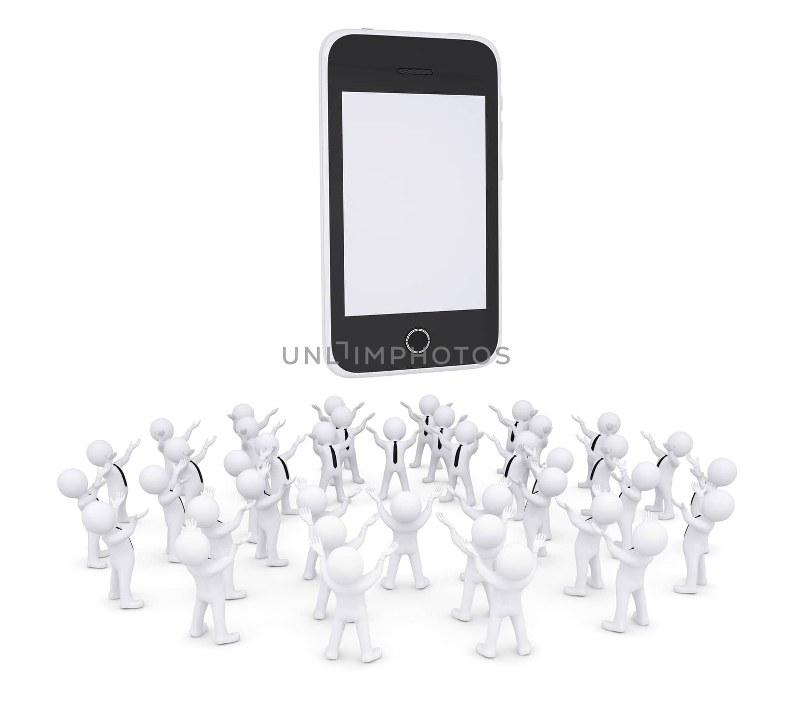 Group of white people worshiping smartphone. 3d render isolated on white background
