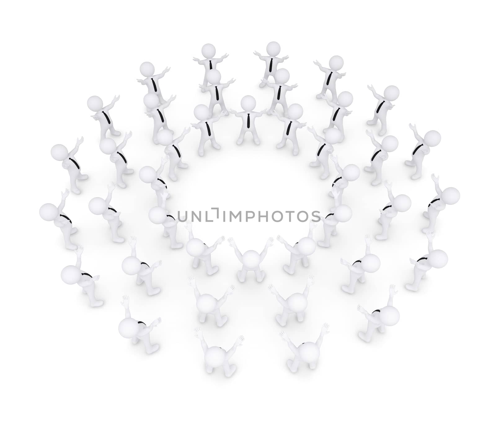 Group of white people raised their hands. 3d render isolated on white background