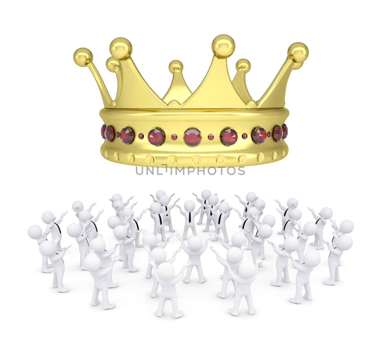 Group of white people worshiping crown. 3d render isolated on white background