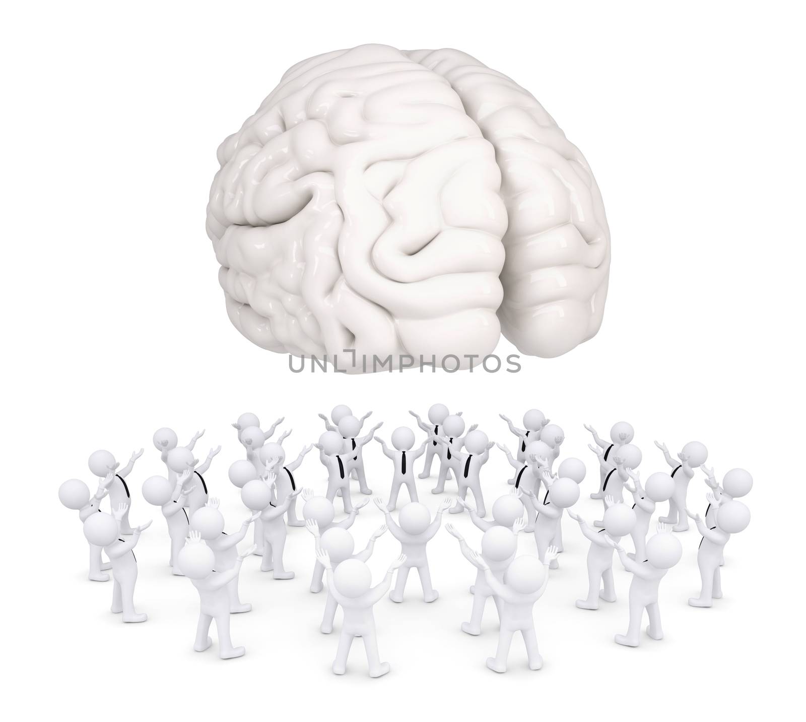 Group of white people worshiping brain. 3d render isolated on white background