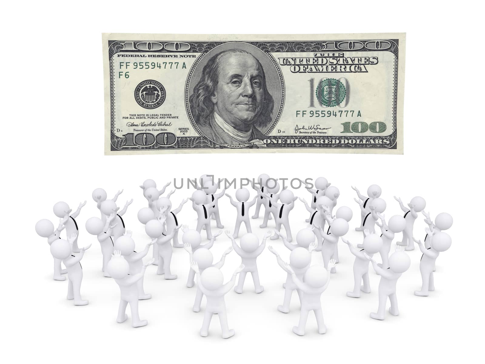 Group of white people worshiping dollar banknote. 3d render isolated on white background