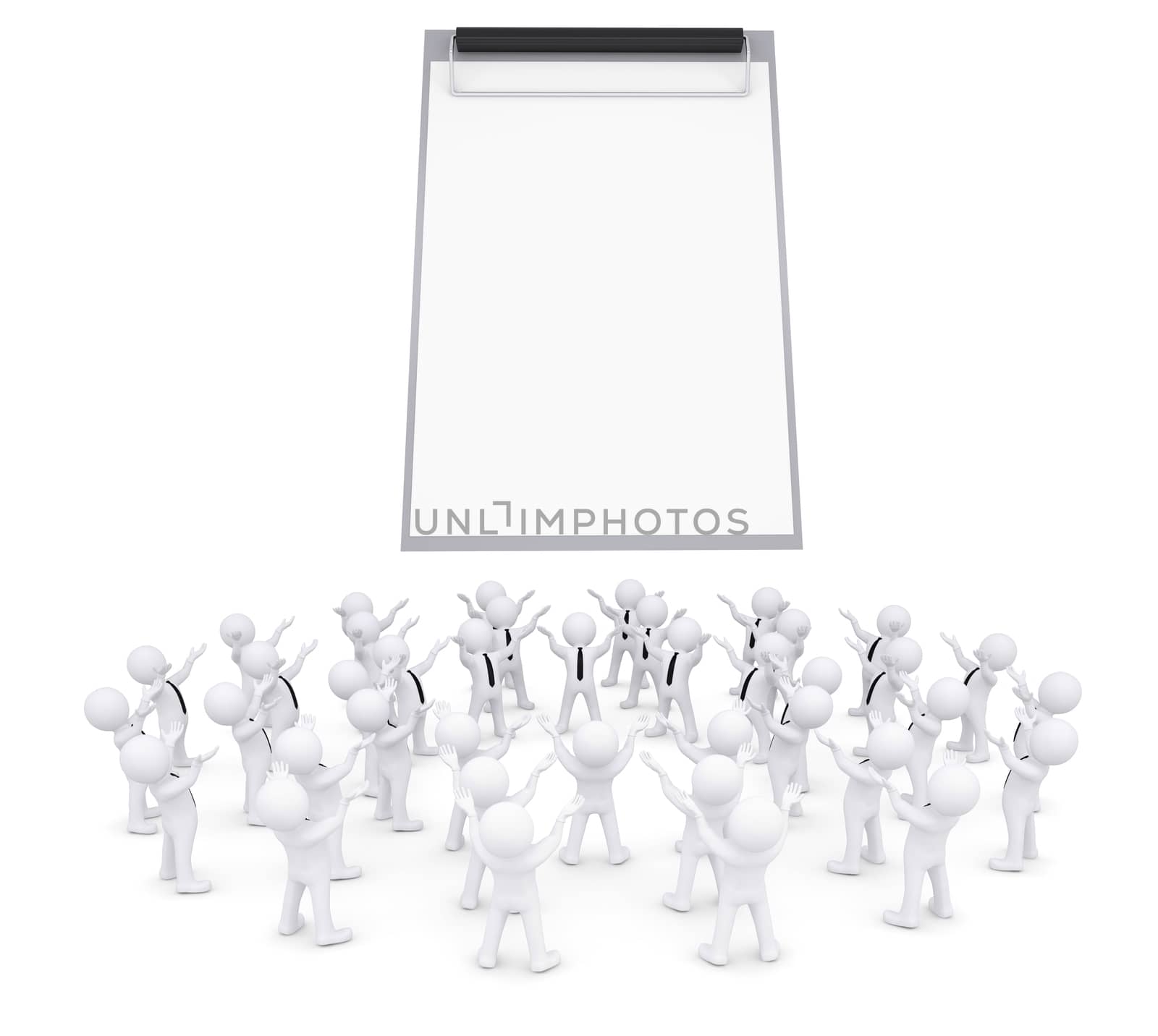 Group of white people worshiping checklist. 3d render isolated on white background