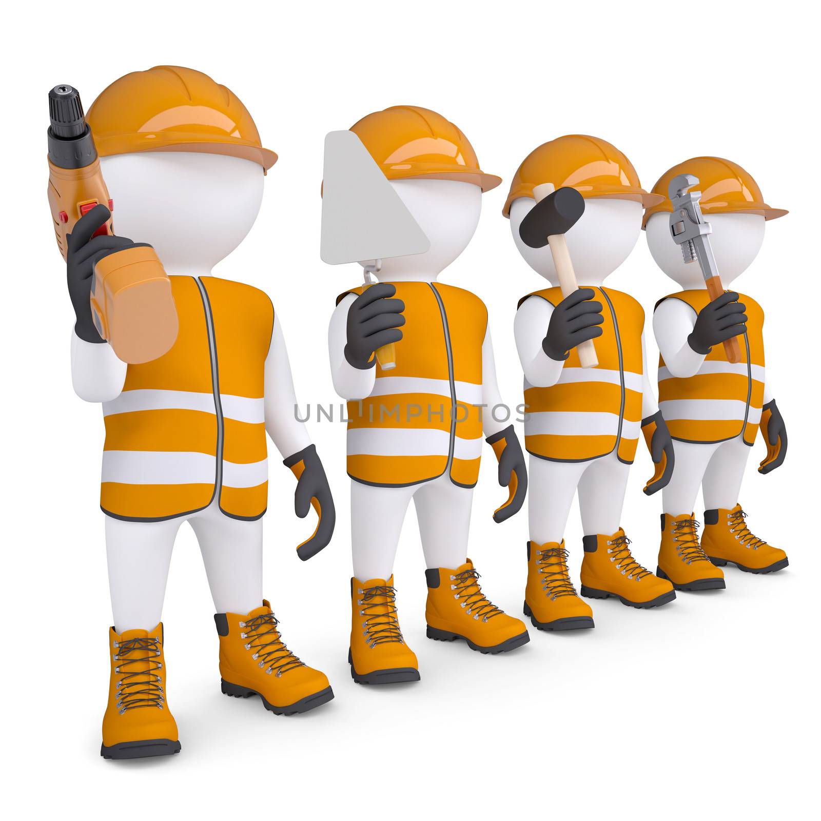 Four 3d white mans in overalls with a tools. Isolated render on a white background