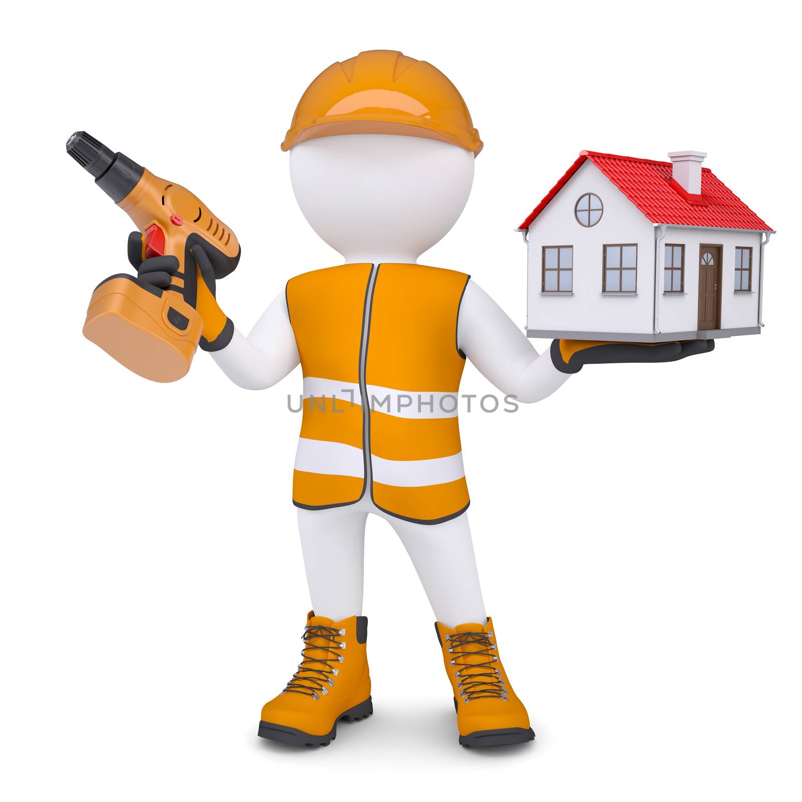 3d white man in overalls with a screwdriver and small house. Isolated render on a white background