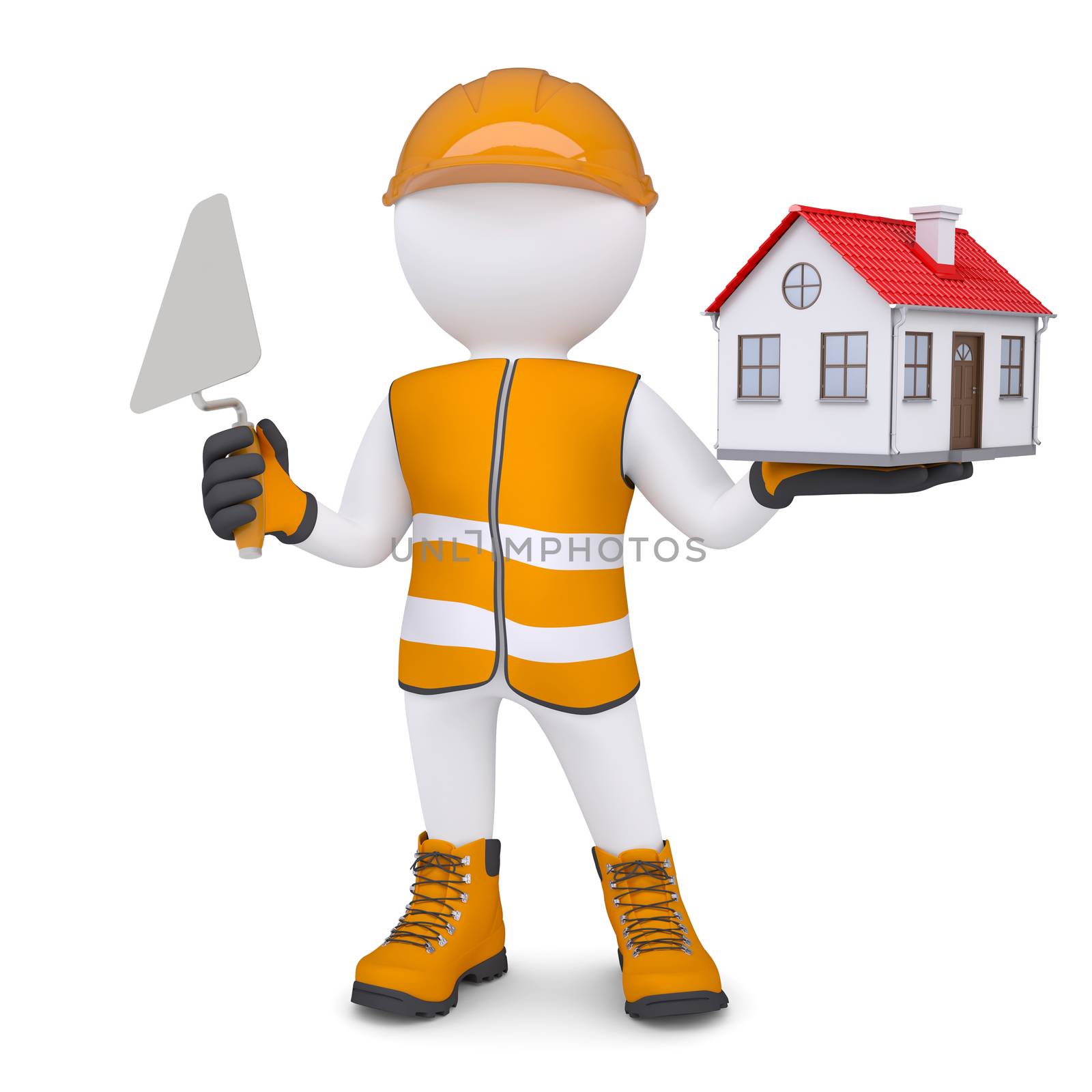 3d man in overalls with trowel and house. Isolated render on a white background