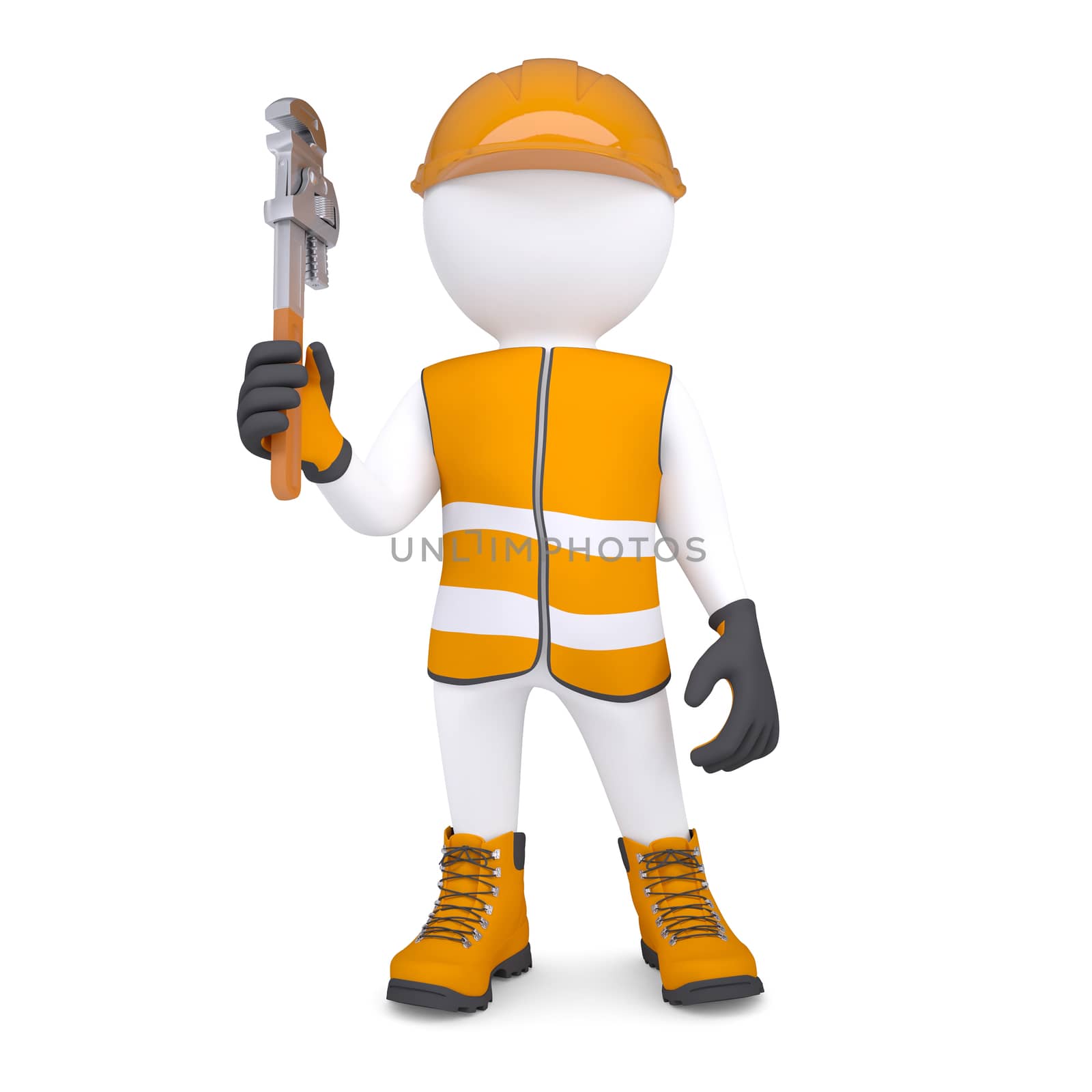 3d white man in overalls with a wrench. Isolated render on a white background