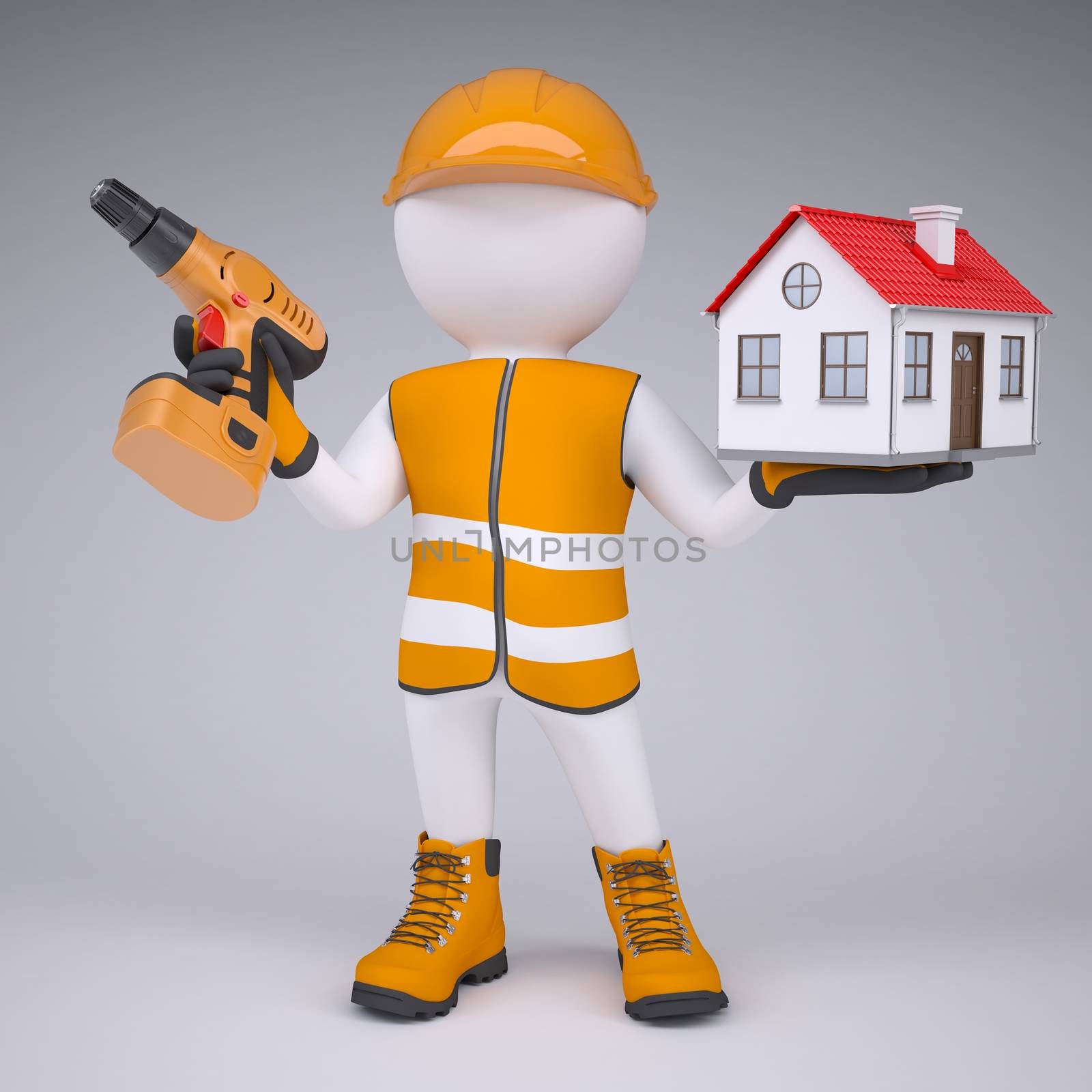 3d white man in overalls with a screwdriver and small house. render on a gray background