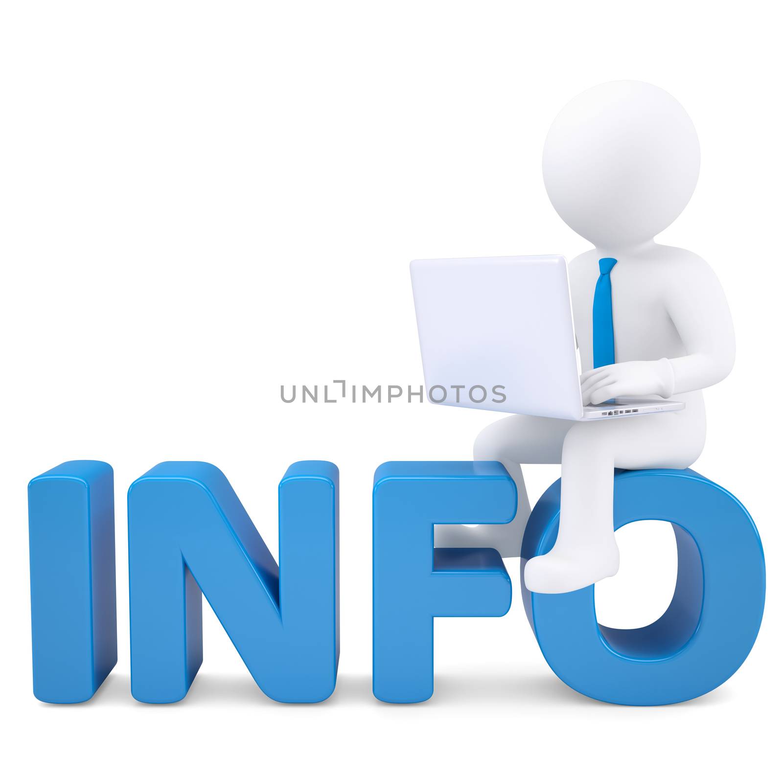 3d white man with laptop sitting on the word INFO. Isolated render on a white background