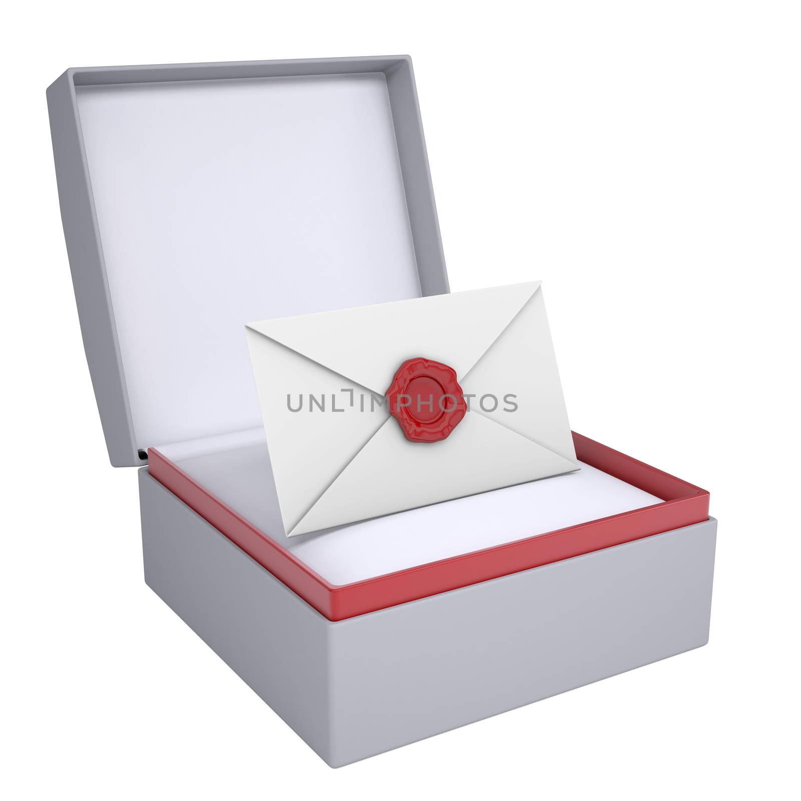 Envelope in open gift box. 3d render isolated on white background