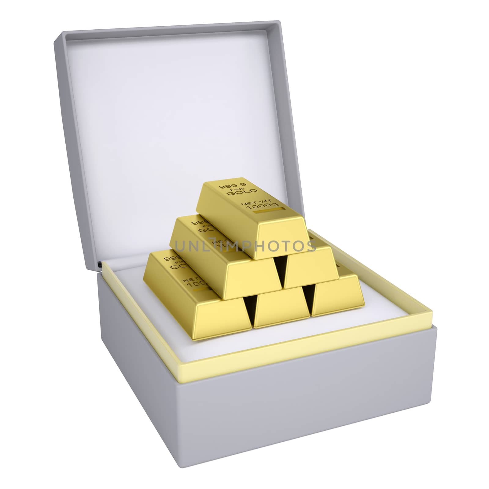 Gold bricks in open gift box. 3d render isolated on white background