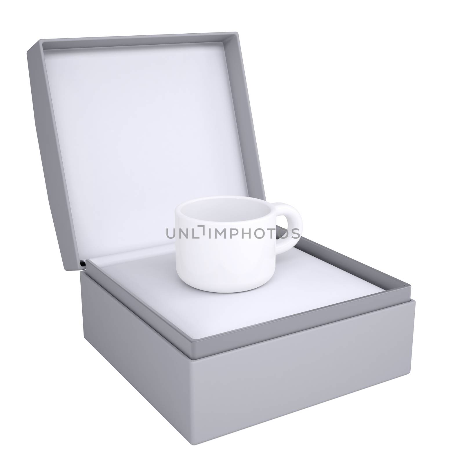 Coffee cup in open gift box. 3d render isolated on white background