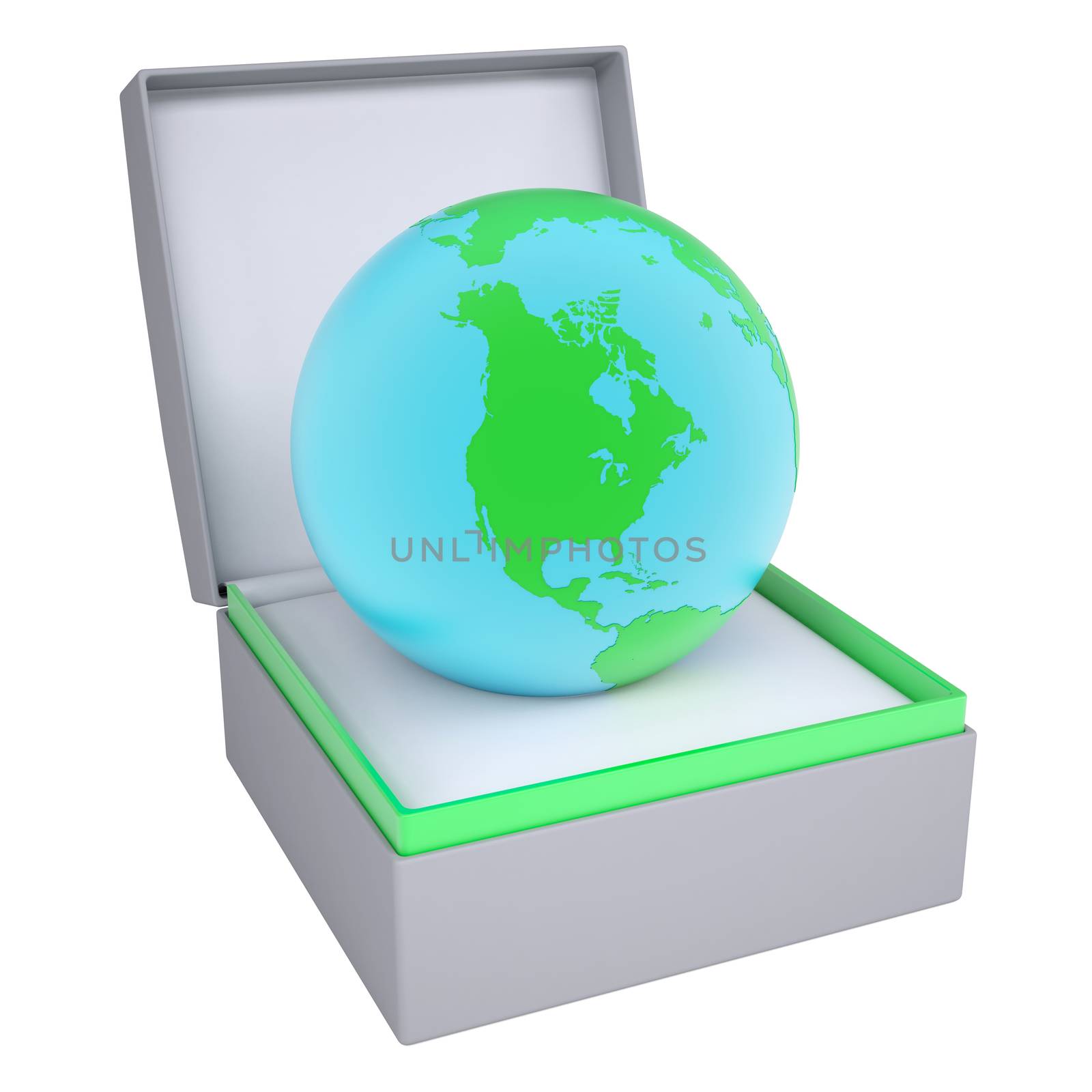 Earth in open gift box. 3d render isolated on white background