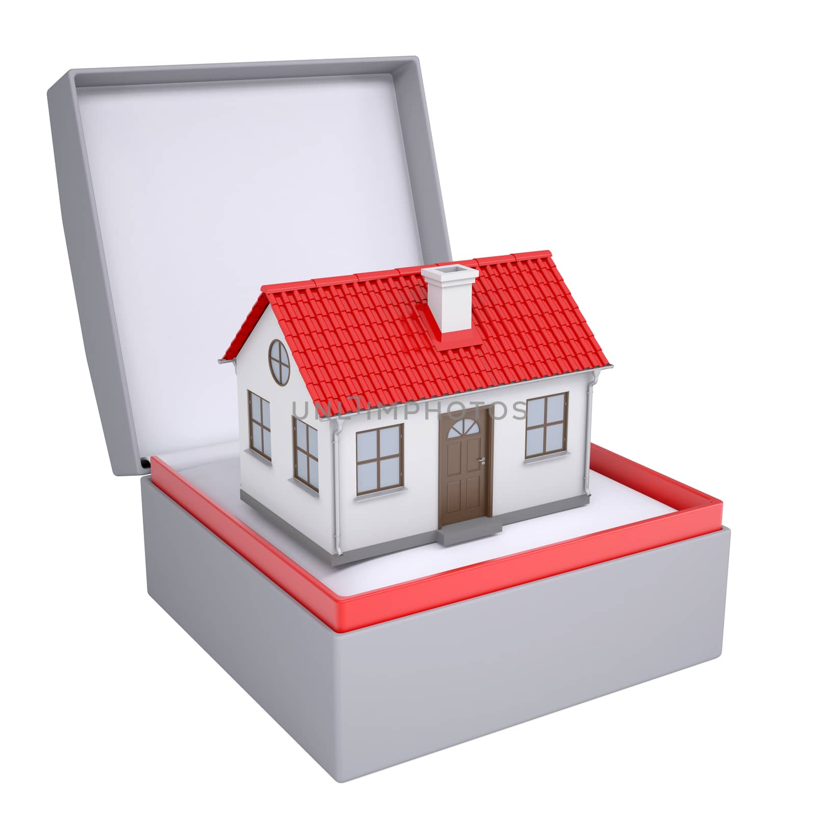 Small house in open gift box. 3d render isolated on white background
