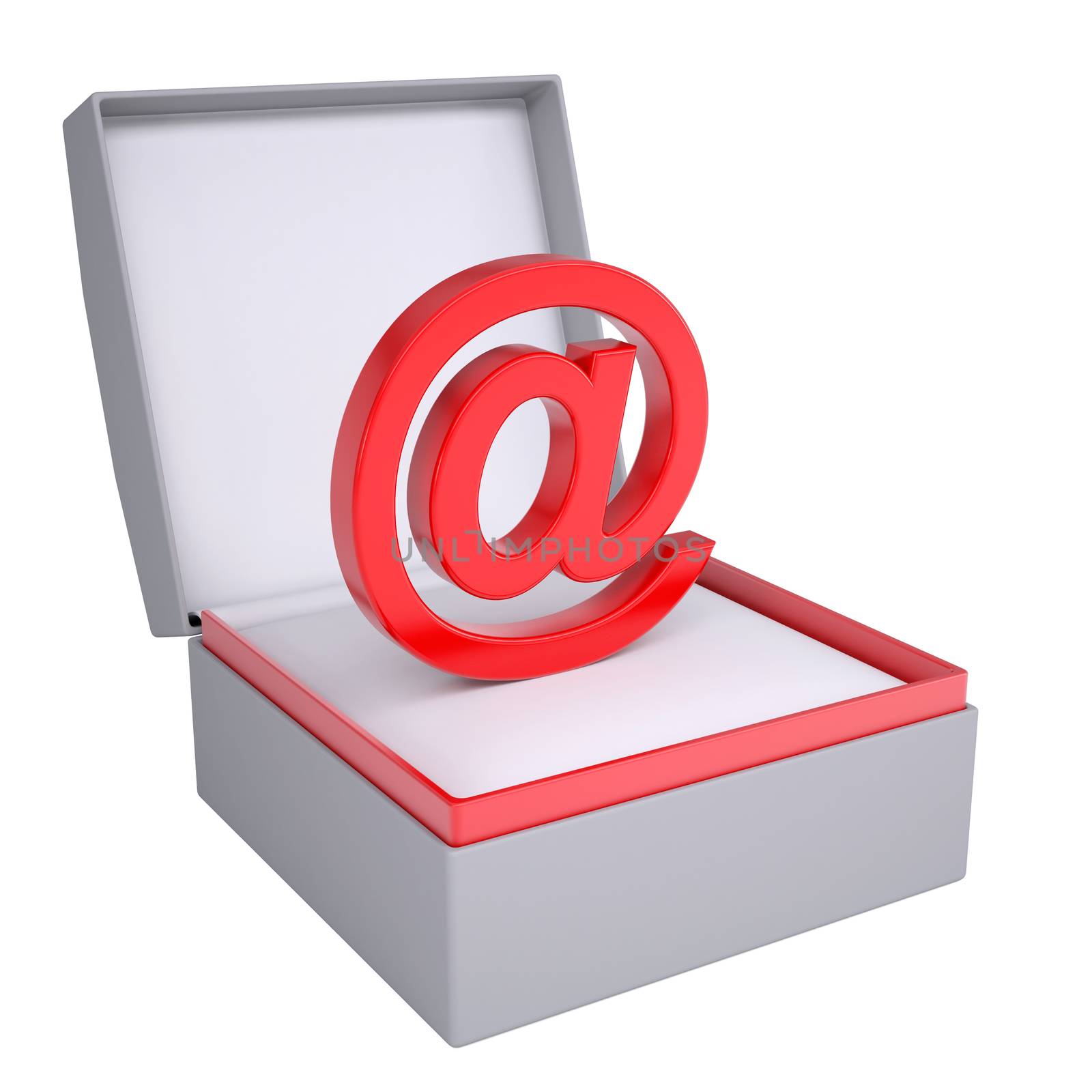 Email sign in open gift box. 3d render isolated on white background