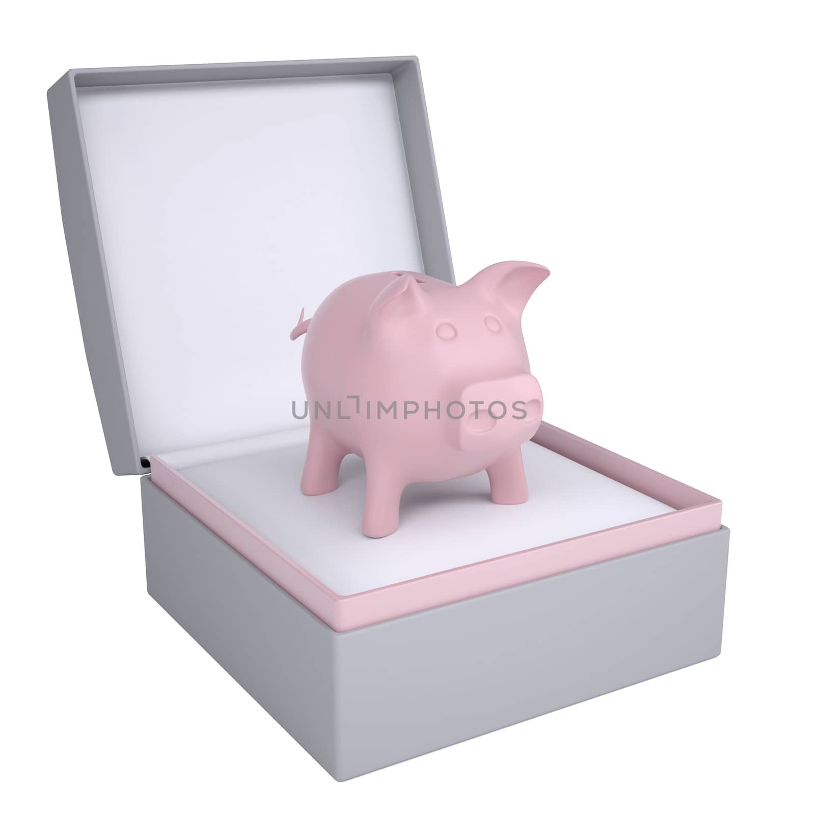 Piggy bank in open gift box. 3d render isolated on white background