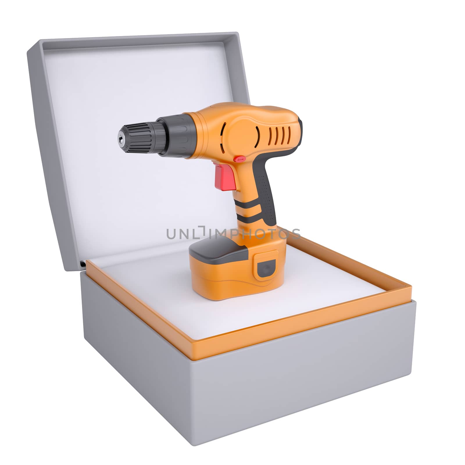 Electric screwdriver in open gift box. 3d render isolated on white background