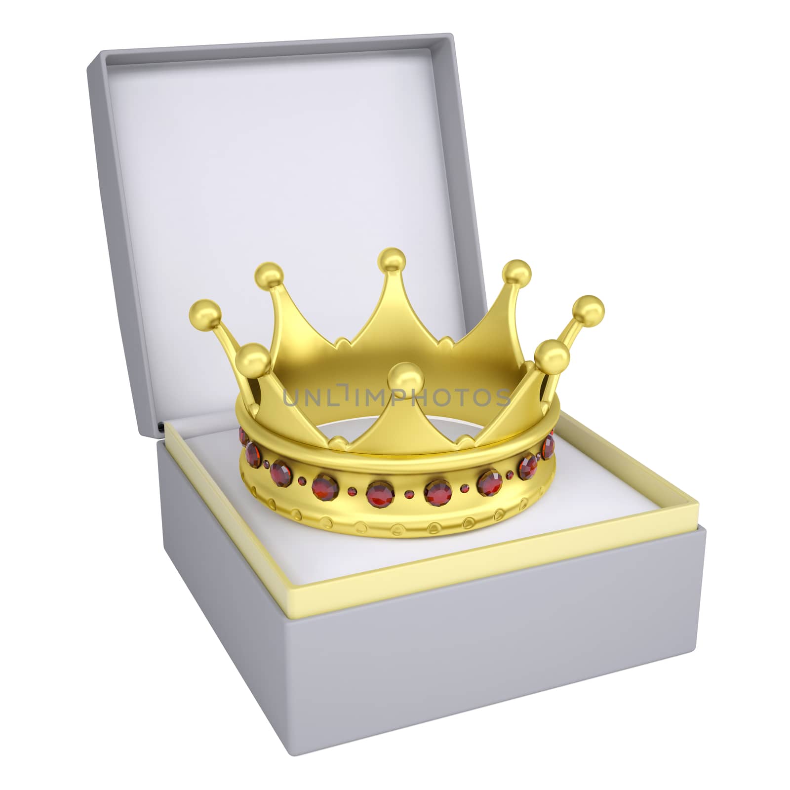 Crown in open gift box. 3d render isolated on white background