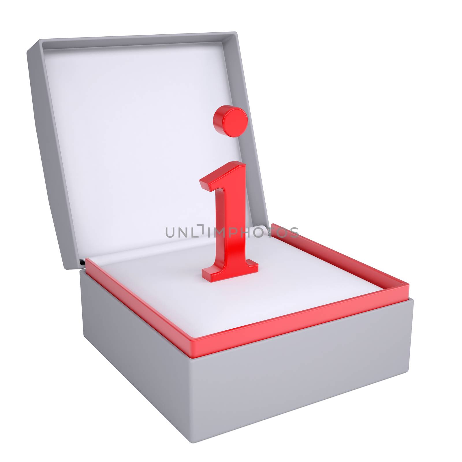 Letter I in open gift box. 3d render isolated on white background