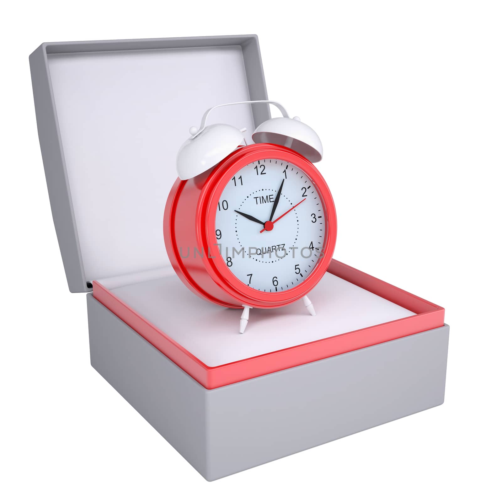 Alarm clock in open gift box. 3d render isolated on white background