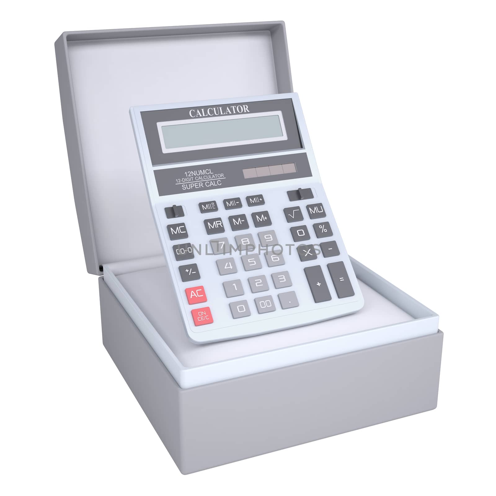Calculator in open gift box. 3d render isolated on white background