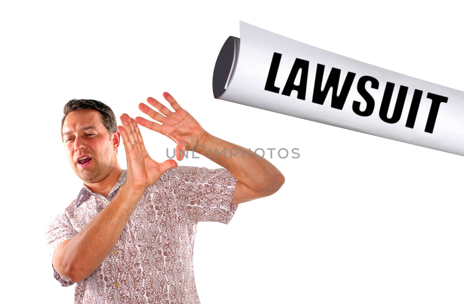 young man being slapped with lawsuit on white background