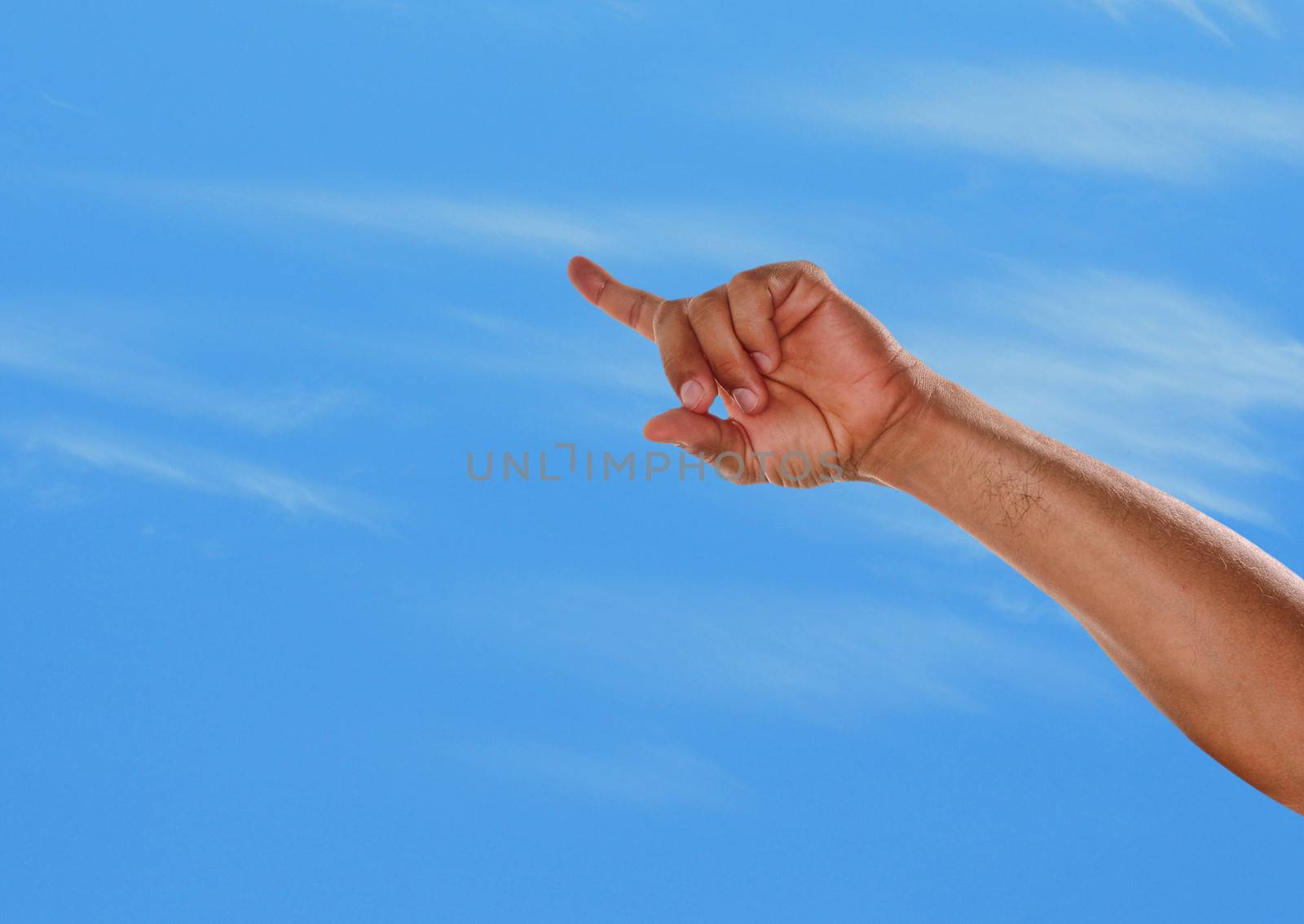 A hand pointing up towards the sky or heaven with number one finger