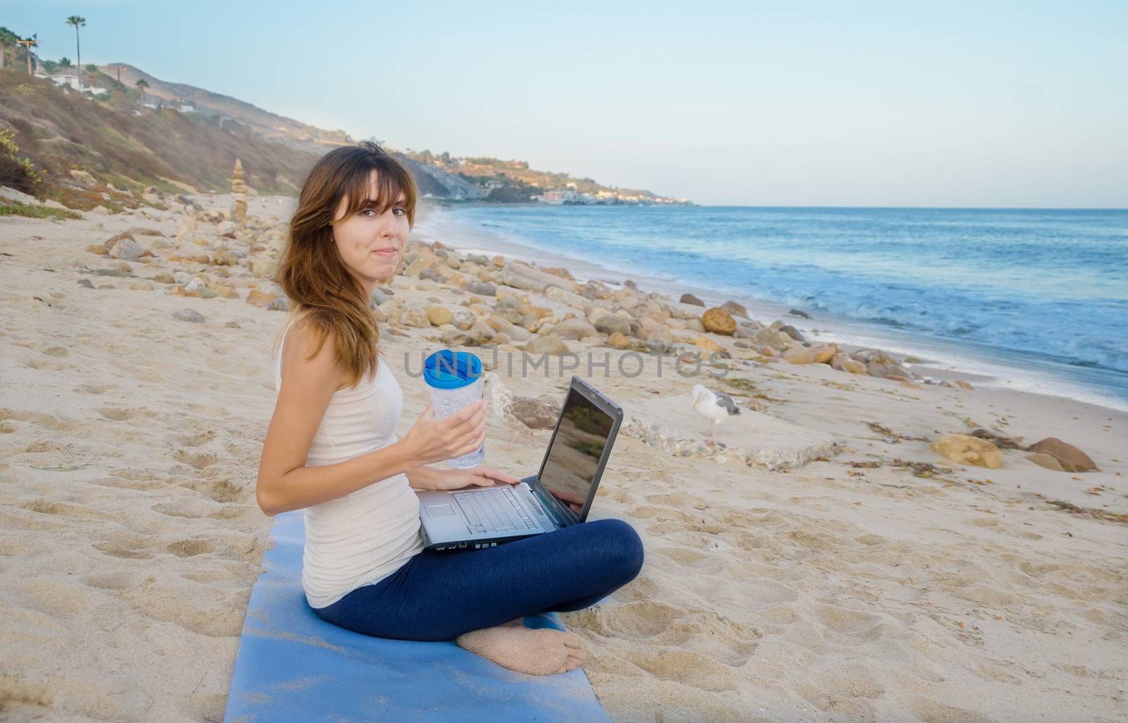 Young pretty woman with laptop on the beach by the ocean 